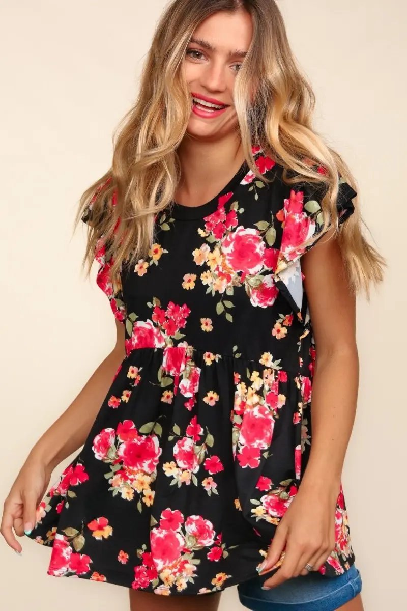 Haptics Floral Ruffle Short Sleeve Babydoll Top for Women - Love Salve